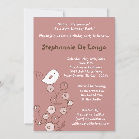 5x7 Pink Bird Retro Bush Anniversaire Invitation (Devant)