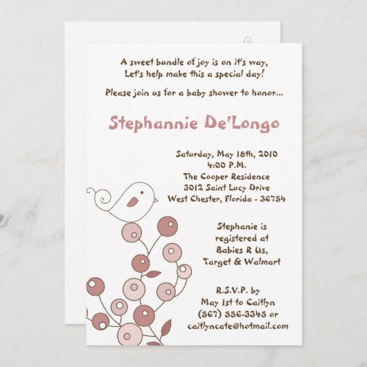 5x7 Pink Bird Retro Struik Baby shower Uitnodiging (Voorkant / Achterkant)