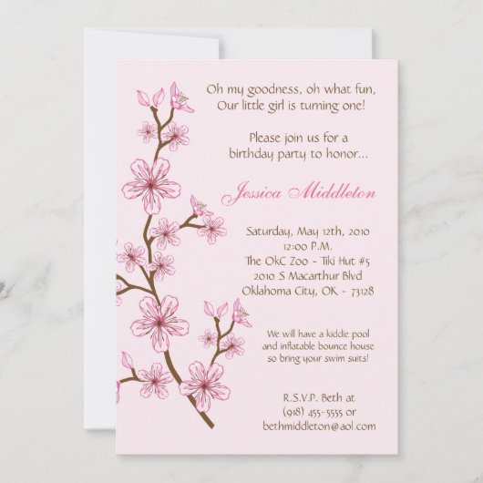 5x7 Pink Cherry Blossom Invitation à la fête d'ann (Devant)