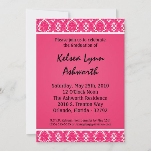 5x7 Pink Damask Graduation Invitation (Devant)