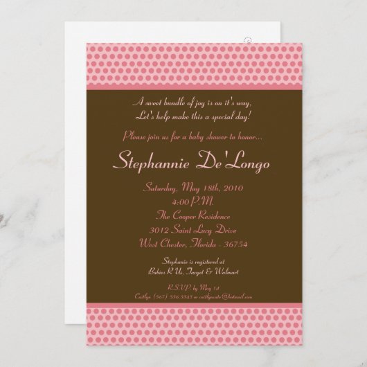 5x7 Pink et Brown Polkadot Baby shower Invitation (Devant / Derrière)