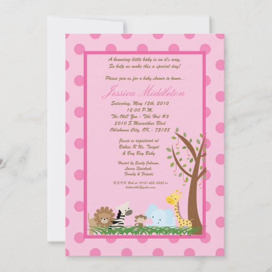 5x7 Pink Jungle Safari Baby shower Invitation (Devant)