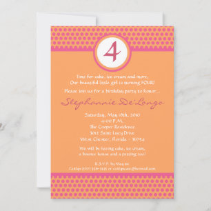 5x7 Pink & Orange Poka Dot Invitation Anniversaire