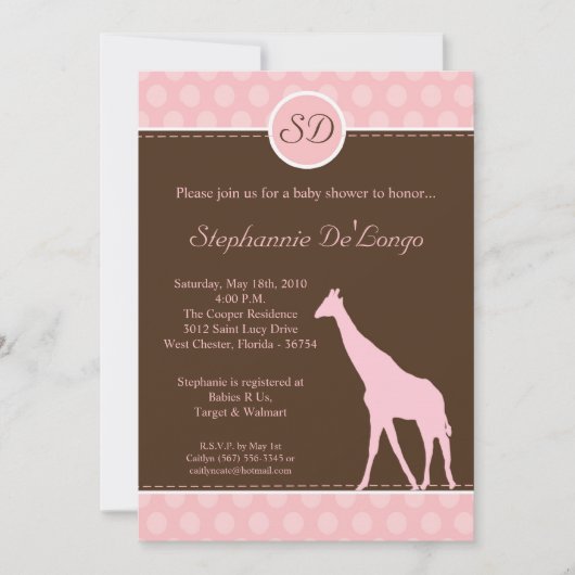5x7 Pink Poka Dot Giraffe Invitation Baby shower (Devant)