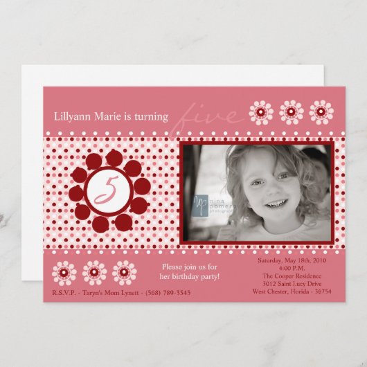 5x7 Pink Polka Dot Photo Invitation de fête d'anni (Devant / Derrière)