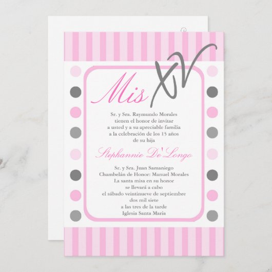 5x7 Pink Polka Dot Quinceanera Party Invitation (Devant / Derrière)