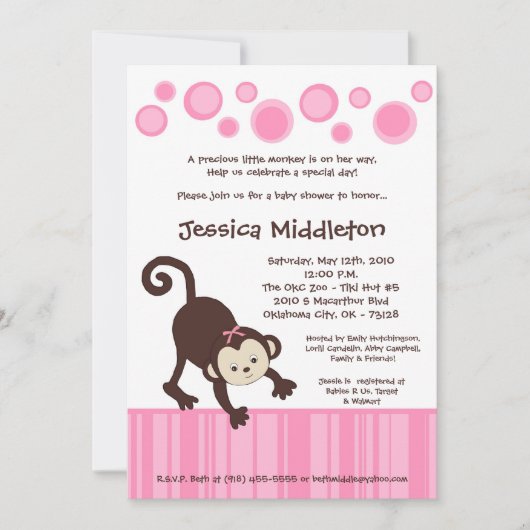 5x7 Pink Pop Monkey Dance Baby shower Invitation (Devant)