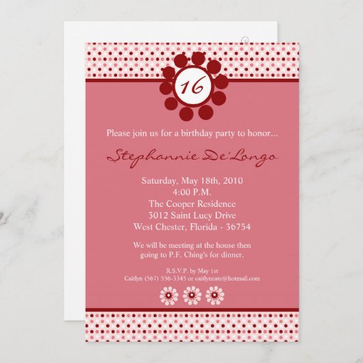 5x7 Pink Sweetheat PolkaDot 16 Invitation Annivers (Devant / Derrière)