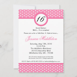 5x7 Pink White Polka Dot 16e Invitation anniversai