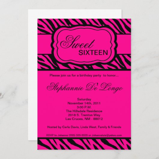 5x7 Pink Zebra Imprimer Invitation à la fête d'ann (Devant / Derrière)
