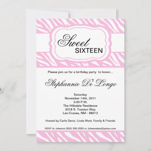 5x7 Pink Zebra Imprimer Invitation de fête d'anniv (Devant)
