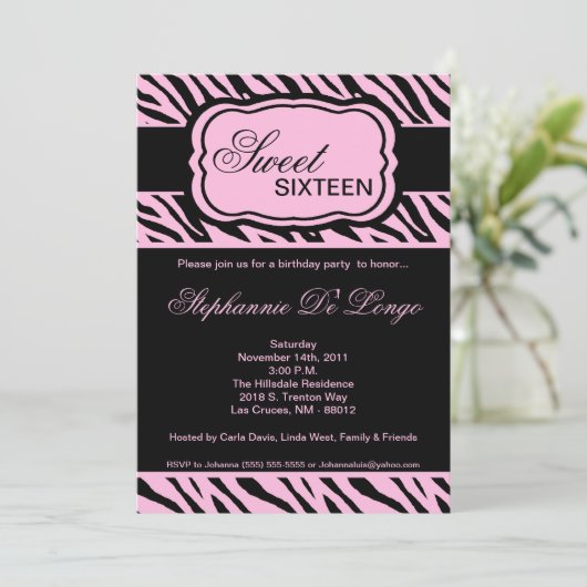 5x7 Pink Zebra Imprimer Invitation de fête d'anniv (Debout devant)