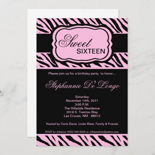 5x7 Pink Zebra Imprimer Invitation de fête d'anniv (Devant / Derrière)
