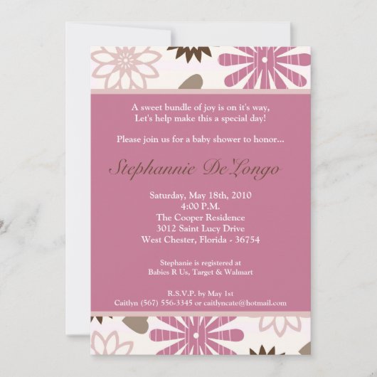 5x7 PinkPurple Invitation Baby shower de fleurs ré (Devant)