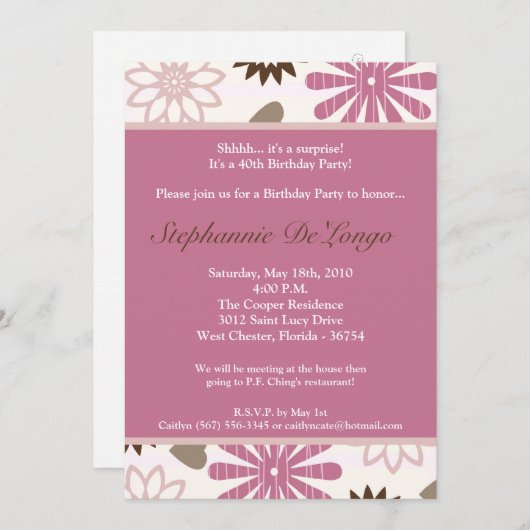 5x7 PinkPurple Retro Bloem Verjaardag Uitnodiging (Voorkant / Achterkant)