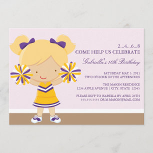 5x7 Pom-pom girl violet/or Invitation de fête d'an