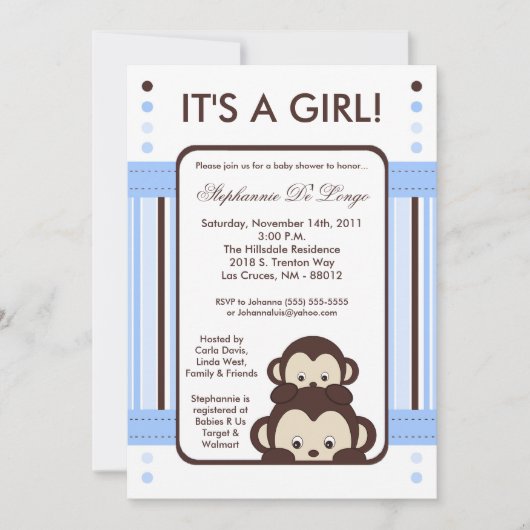 5x7 Pop Monkey Blue Jungle Baby shower Invitation (Devant)