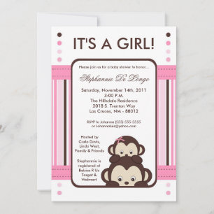 5x7 Pop Monkey Pink Jungle Invitation Baby shower