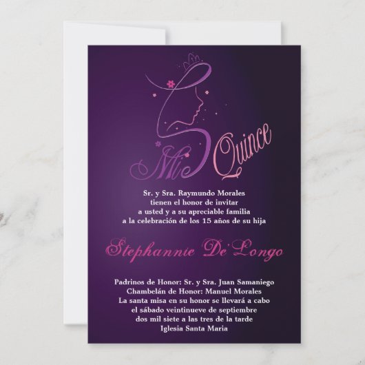 5x7 Princesse fille Quinceanera Invitation d'anniv (Devant)