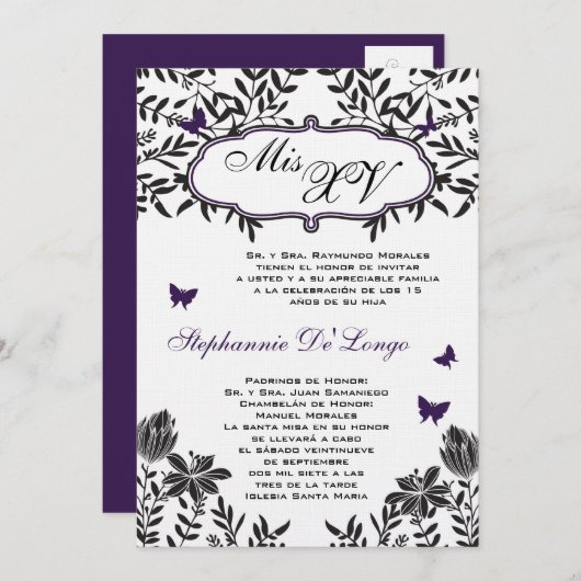 5x7 Purp Butterfly Quinceanera Invitation d'annive (Devant / Derrière)