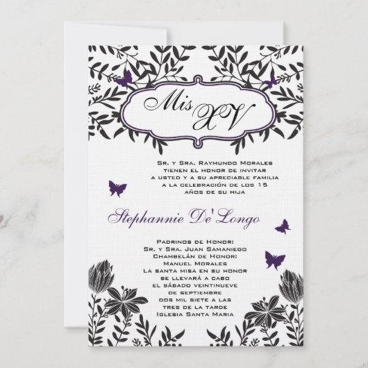 5x7 Purp Butterfly Quinceanera Invitation d'annive (Devant)