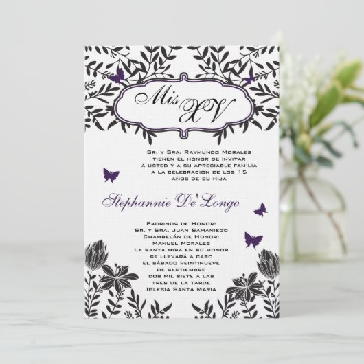 5x7 Purp Butterfly Quinceanera Invitation d'annive (Debout devant)