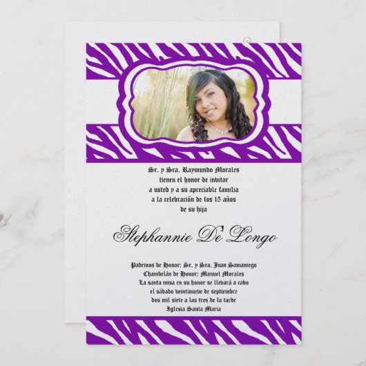 5x7 Purp Zebra Print Patter Quinceanera Invitation (Devant / Derrière)