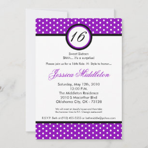 5x7 Purpl White Polka Dot 16e Invitation d'anniver