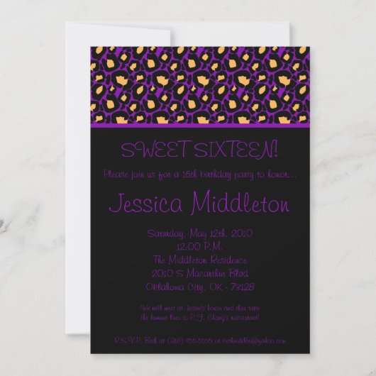 5x7 Purple Cheetah Imprimer 16e invitation anniver (Devant)