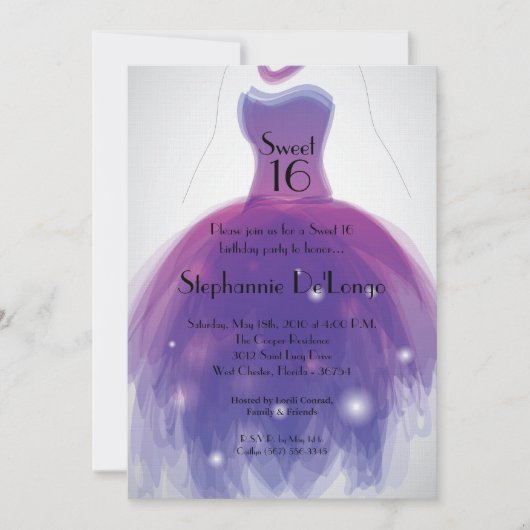 5x7 Purple Dress Sweet 16 Anniversaire Invitation (Devant)