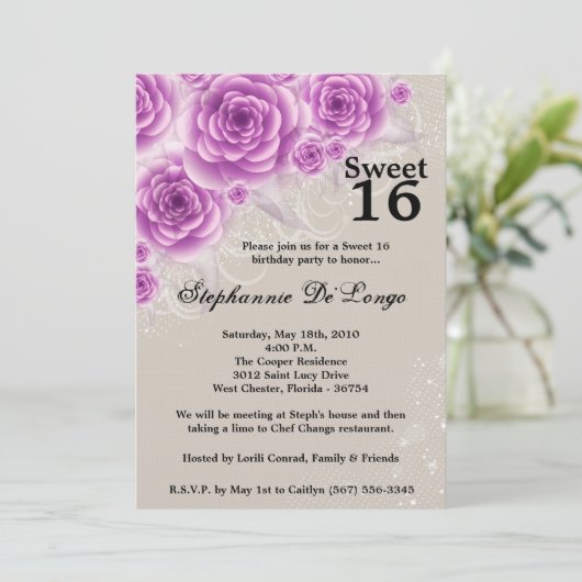 5x7 Purple Rose Sweet 16 Anniversaire Invitation (Debout devant)