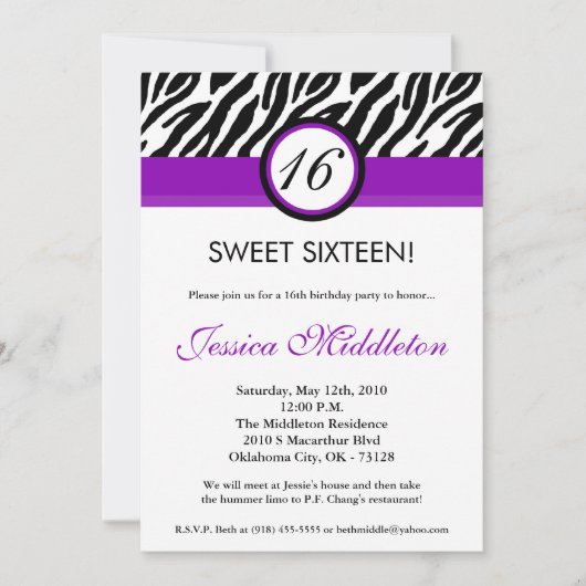 5x7 Purple Zebra Imprimer 16e invitation d'anniver (Devant)