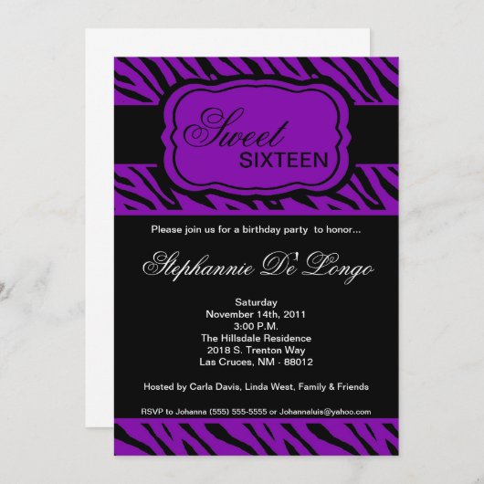 5x7 Purple Zebra Imprimer Invitation à la fête d'a (Devant / Derrière)