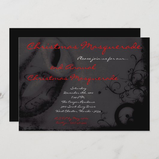 5x7 Red Black Masquerade Christmas XMAS Invitation (Devant / Derrière)