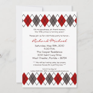 5x7 Red Grey Argyle Punk Birthday Party Invitation Kaart