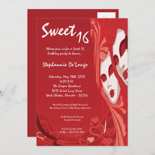 5x7 Red Masquerade Sweet 16 Birthday Invitation Kaart (Voorkant / Achterkant)