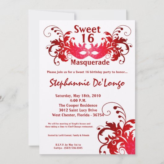 5x7 Red Masquerade Sweet 16 Invitation anniversair (Devant)
