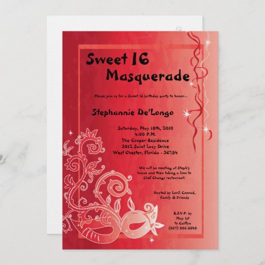5x7 Red Masquerade Sweet 16 Invitation anniversair (Devant / Derrière)