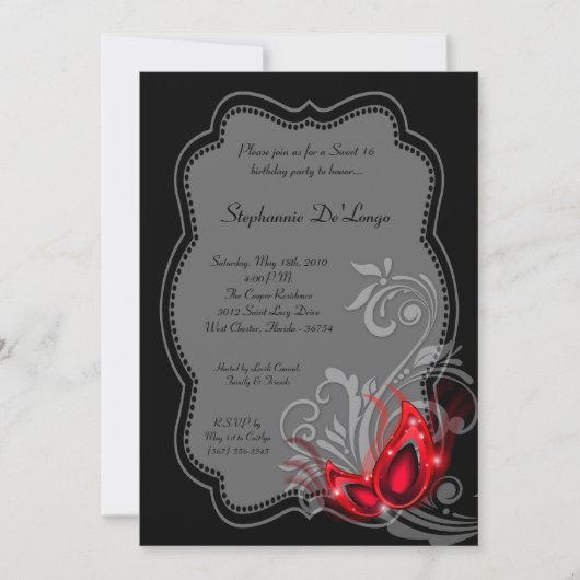 5x7 Red Masquerade Sweet 16 Invitation anniversair (Devant)