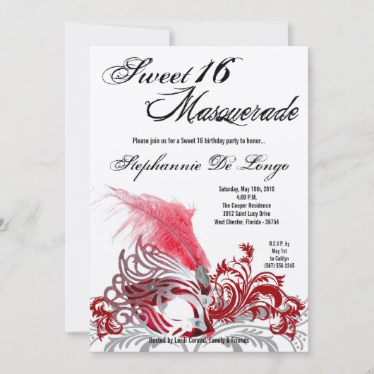 5x7 Red Masquerade Sweet 16 Invitation anniversair (Devant)