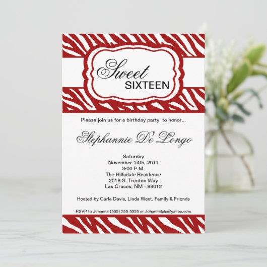 5x7 Red Zebra Imprimer Invitation de fête d'annive (Debout devant)