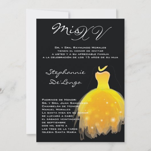 5x7 Robe Jaune Quinceanera Invitation Anniversaire (Devant)