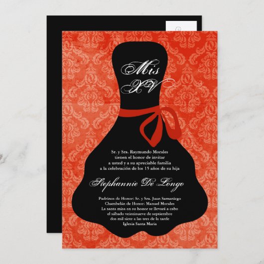 5x7 Robe Orange Quinceanera Invitation Anniversair (Devant / Derrière)