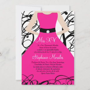5x7 Robe rose chaude Quinceanera Invitation Annive