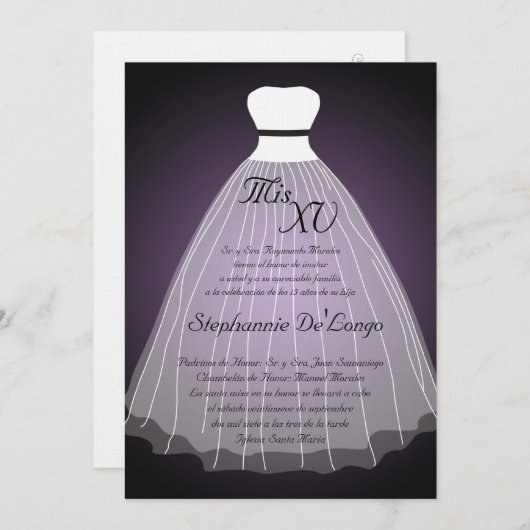 5x7 Robe violette Quinceanera Invitation Anniversa (Devant / Derrière)