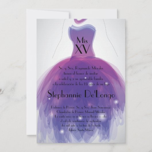 5x7 Robe violette Quinceanera Invitation Anniversa (Devant)