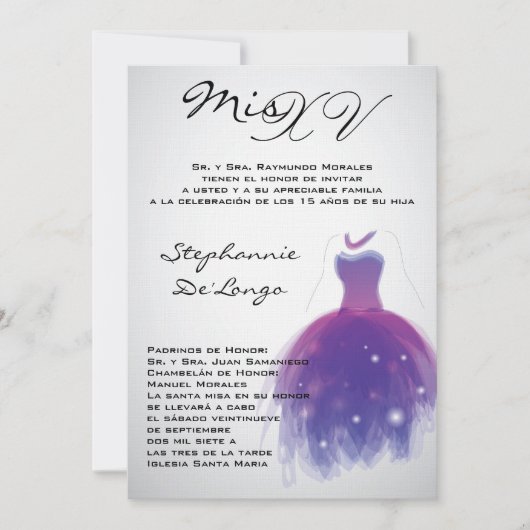 5x7 Robe violette Quinceanera Invitation d'anniver (Devant)