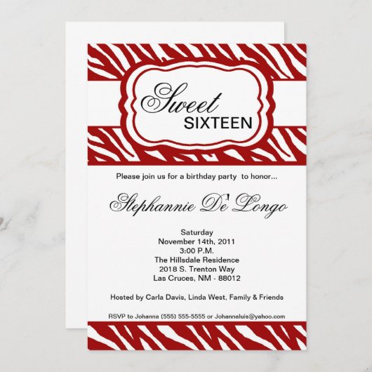 5x7 Rode Zebra Print Birthday party nodiging Kaart (Voorkant / Achterkant)