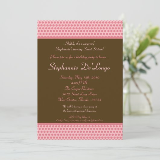 5x7 rose et Brown Polkadot 16 Invitation d'anniver (Debout devant)