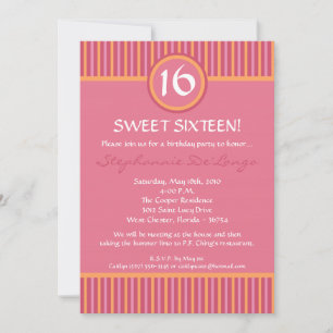 5x7 rose et orange rayé 16 Anniversaire Invitation